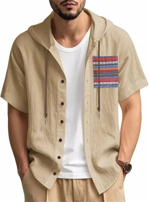 Men's Linen Shirts Breathable Quick Dry Short Sleeve Hoodies Trendy Summer Beach Cardigan Swim Cover Up Lightweight