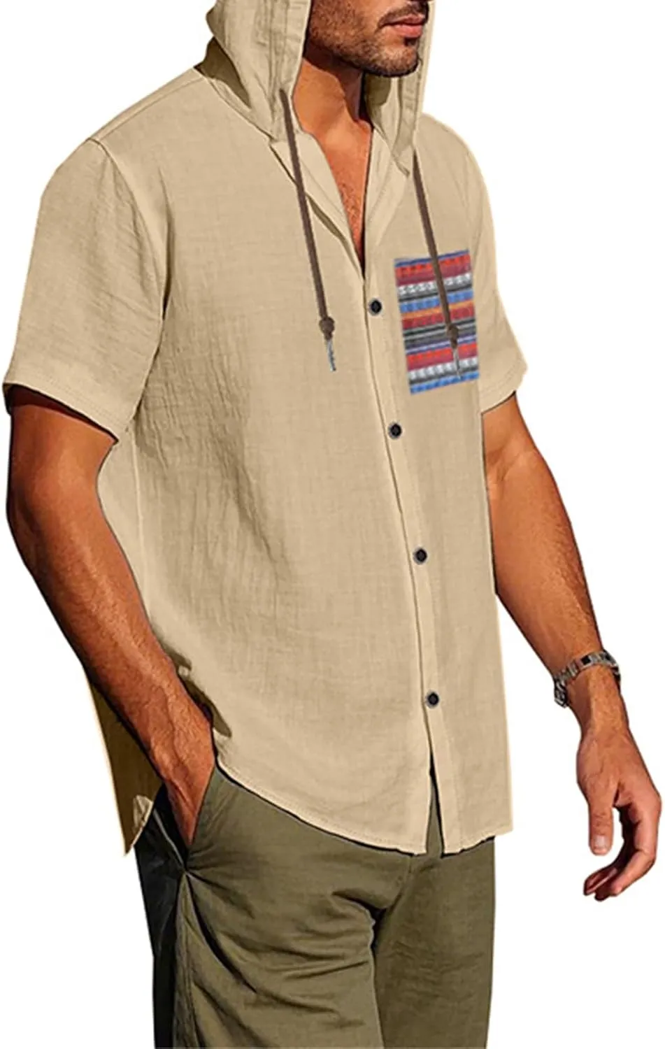 Men's Linen Shirts Breathable Quick Dry Short Sleeve Hoodies Trendy Summer Beach Cardigan Swim Cover Up Lightweight
