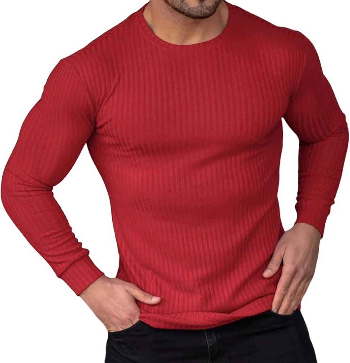 Men's Long Sleeve Shirts Ribbed Pullover Sweater Muscle T-Shirt Slim Fit Thermal Tops Crew Neck Stretchy Undershirts