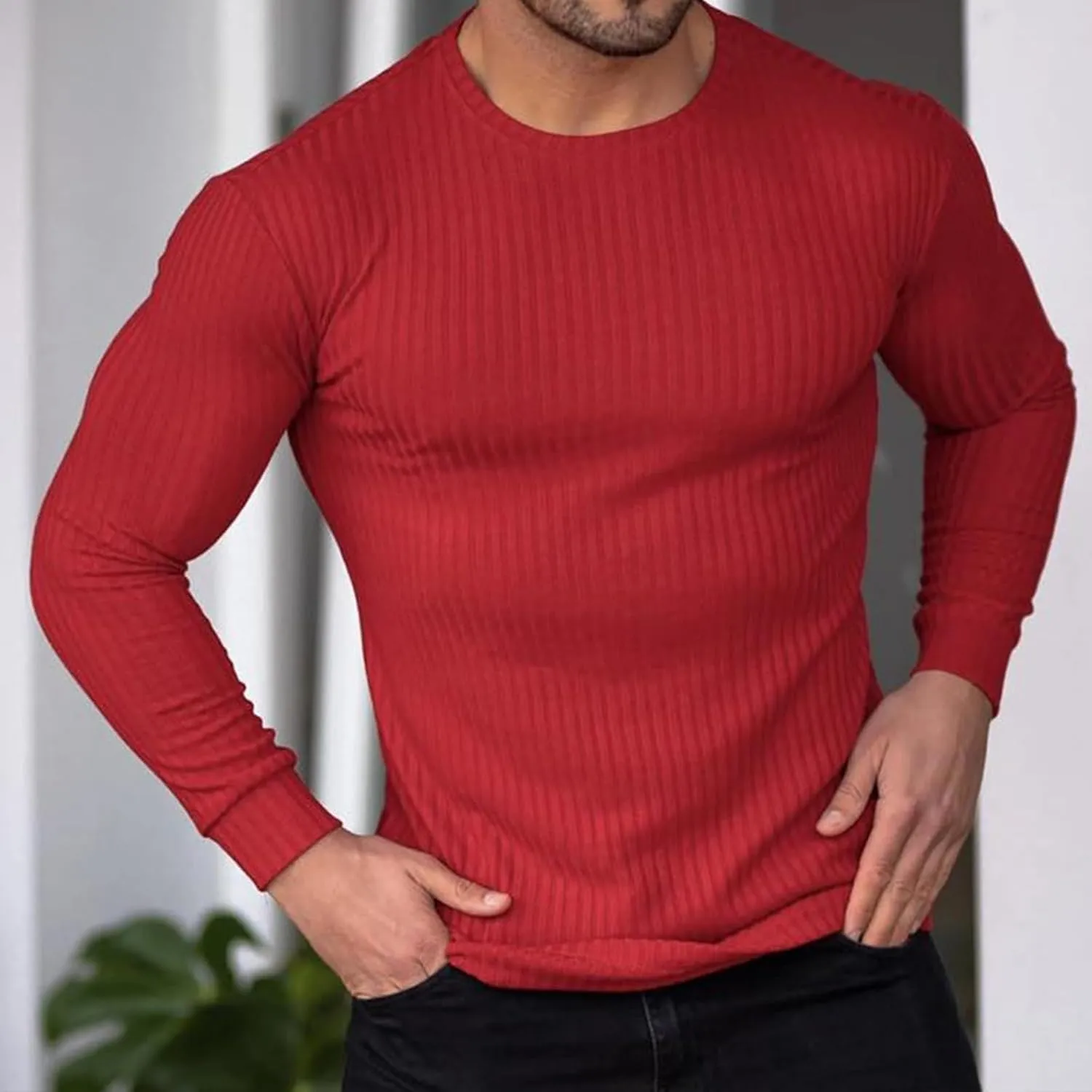 Men's Long Sleeve Shirts Ribbed Pullover Sweater Muscle T-Shirt Slim Fit Thermal Tops Crew Neck Stretchy Undershirts