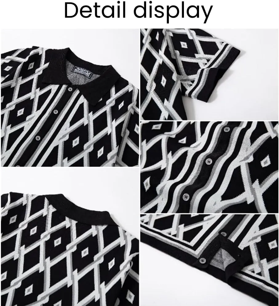 Men's Polo Shirts 70s Vintage Shirts, Business Casual Contrast Knitted Button Down Cardigan Polo Shirt