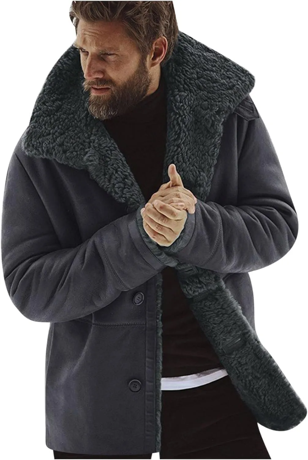 Men's Sherpa-Lined Trench Coat Big & Tall Winter Warm Button-Down Fur Collar Overcoat