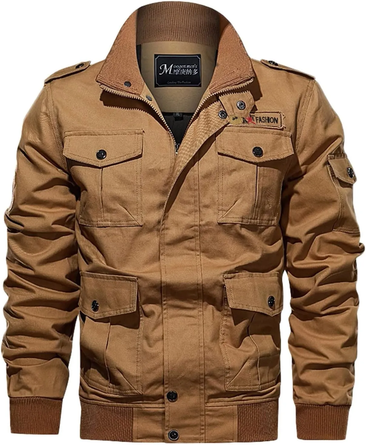 Mens Winter Cotton Military Jacket Zip Up Stand Collar Thick Cargo Jacket Fleece Lined Sherpa Multi-Pocket Work Jacket