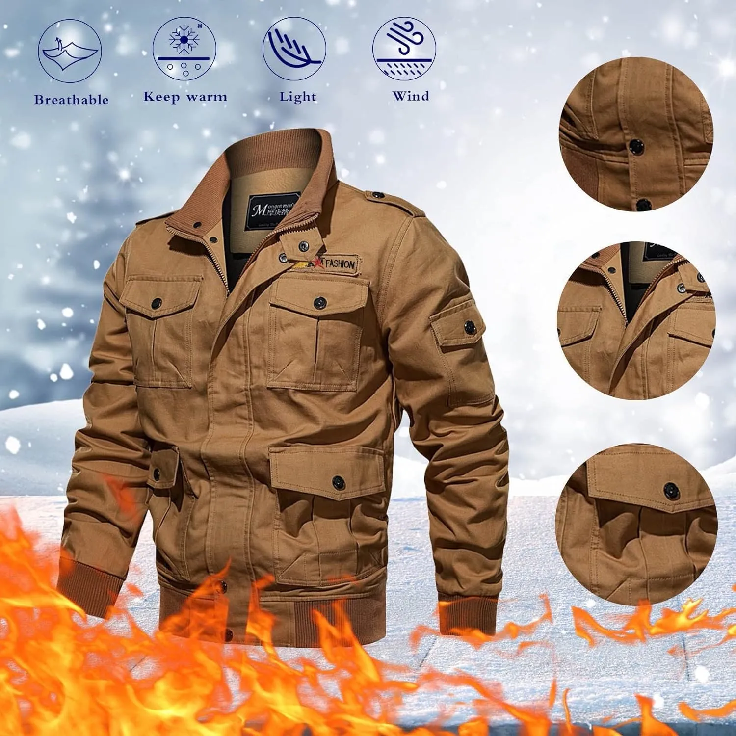 Mens Winter Cotton Military Jacket Zip Up Stand Collar Thick Cargo Jacket Fleece Lined Sherpa Multi-Pocket Work Jacket