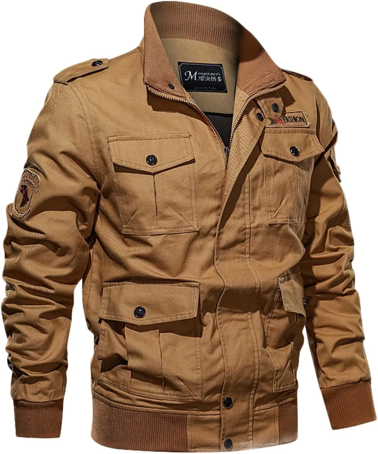 Mens Winter Cotton Military Jacket Zip Up Stand Collar Thick Cargo Jacket Fleece Lined Sherpa Multi-Pocket Work Jacket