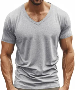 Men's Workout Shirts Stretch Slim V Neck Bodybuilding T-Shirts Athletic Gym Short Sleeve Tee Tops Hipster Muscle Shirt