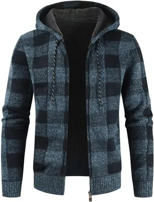 Men's Zip Up Casual Long Sleeve Hoodies Full Zipper Sherpa Fleece Lined Knit Cardigan Sweater Jacket Pockets