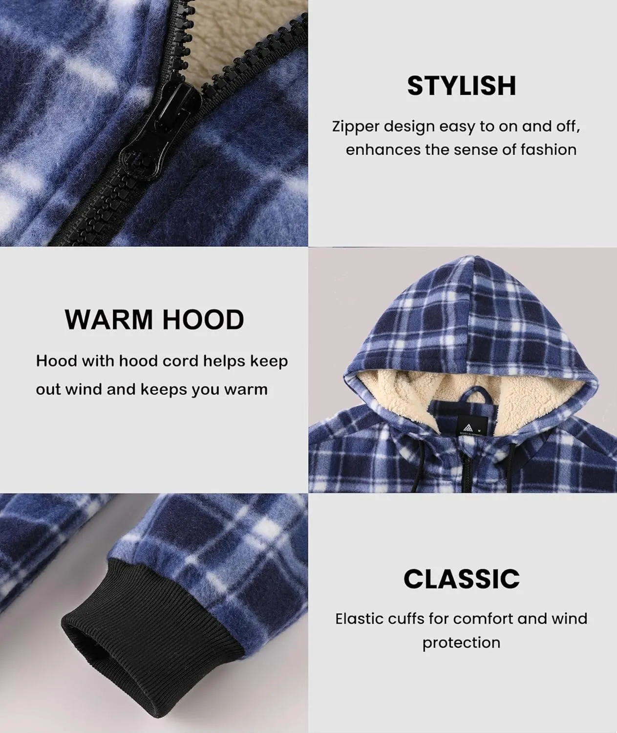 Mens Zip Up Hoodies Fleece Sherpa Lined Sweatshirt Winter Warm Jacket