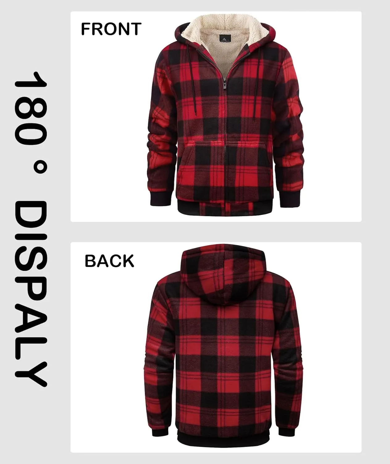 Mens Zip Up Hoodies Fleece Sherpa Lined Sweatshirt Winter Warm Jacket