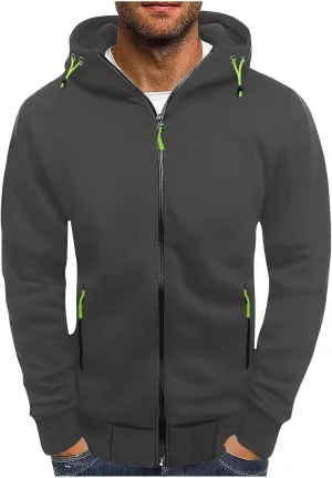 Men's Zipper Hooded Sweatshirt Jacket Long Sleeve Workout Jogger Coat Solid Lightweight Hoodies Outdoor Casual Jacket