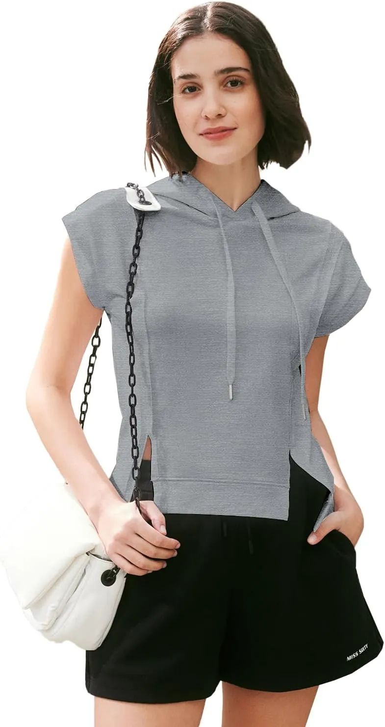 MIHOLL Womens Cropped Hoodies Short SLeeve Casual Sweatshirts Workout Summer 2024 Pullover Tops