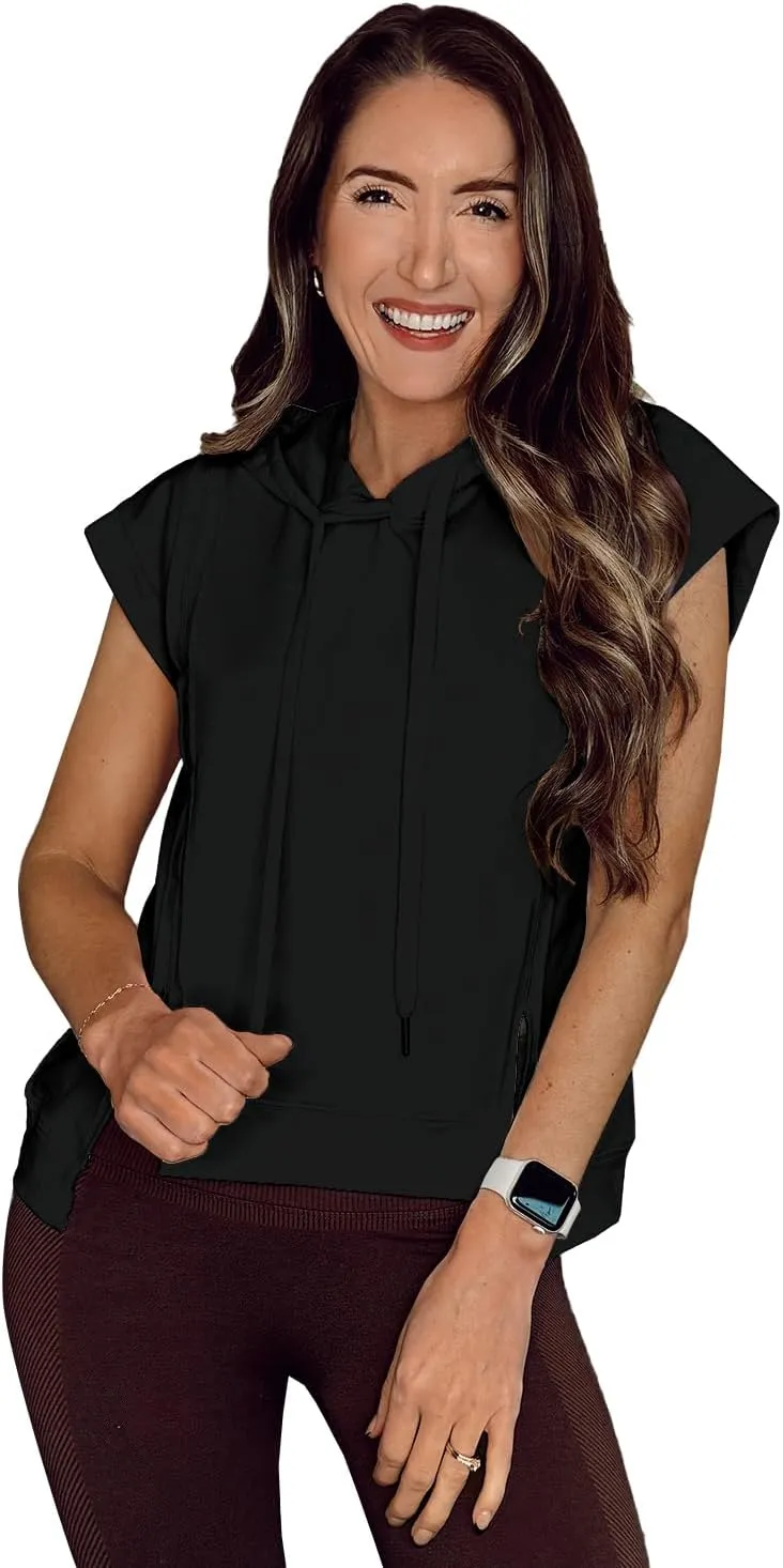 MIHOLL Womens Cropped Hoodies Short SLeeve Casual Sweatshirts Workout Summer 2024 Pullover Tops