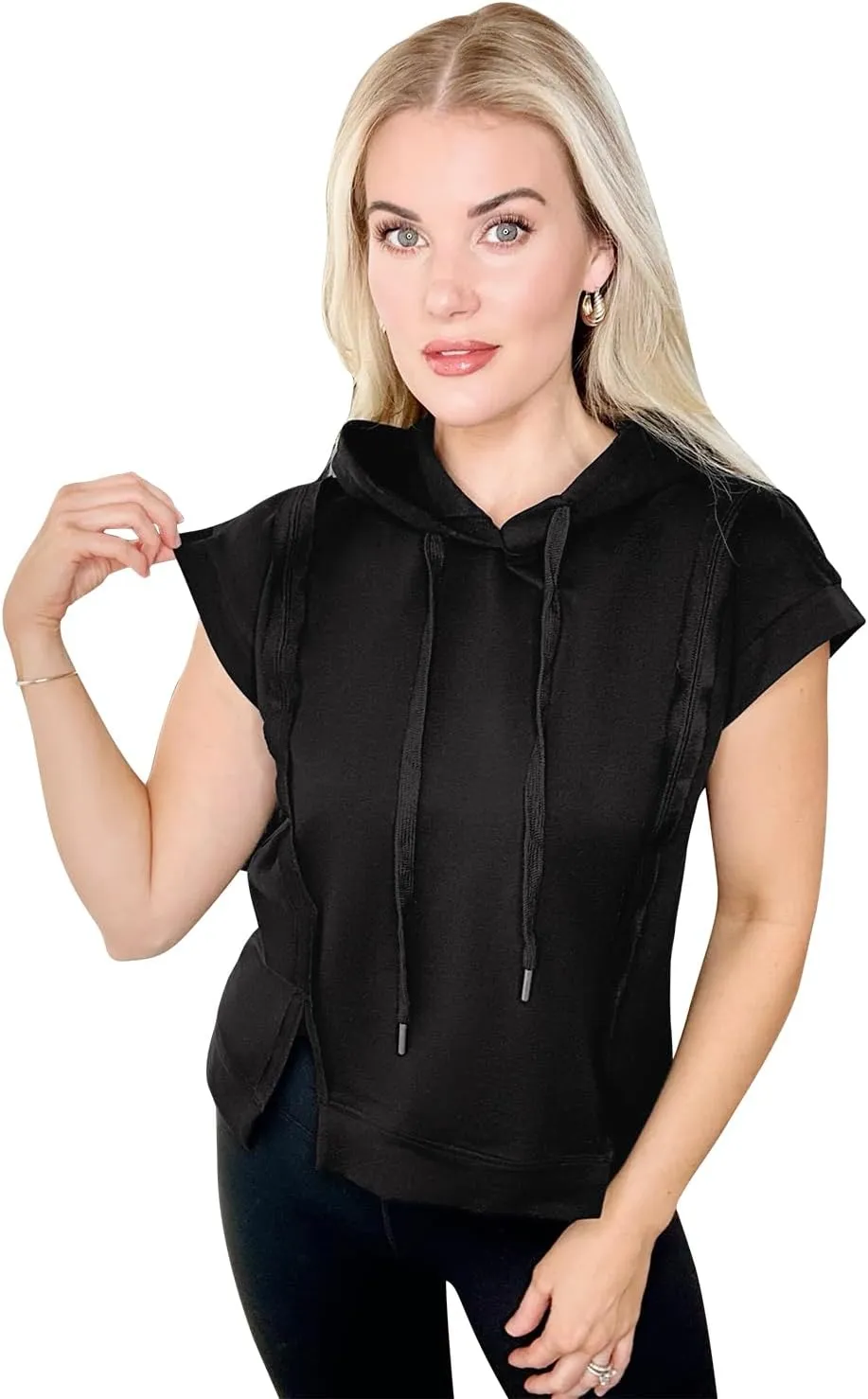 MIHOLL Womens Cropped Hoodies Short SLeeve Casual Sweatshirts Workout Summer 2024 Pullover Tops