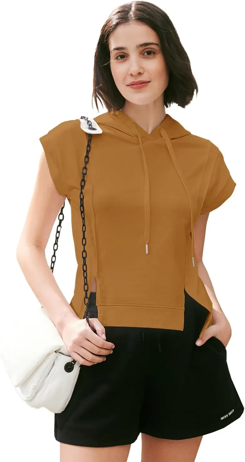 MIHOLL Womens Cropped Hoodies Short SLeeve Casual Sweatshirts Workout Summer 2024 Pullover Tops