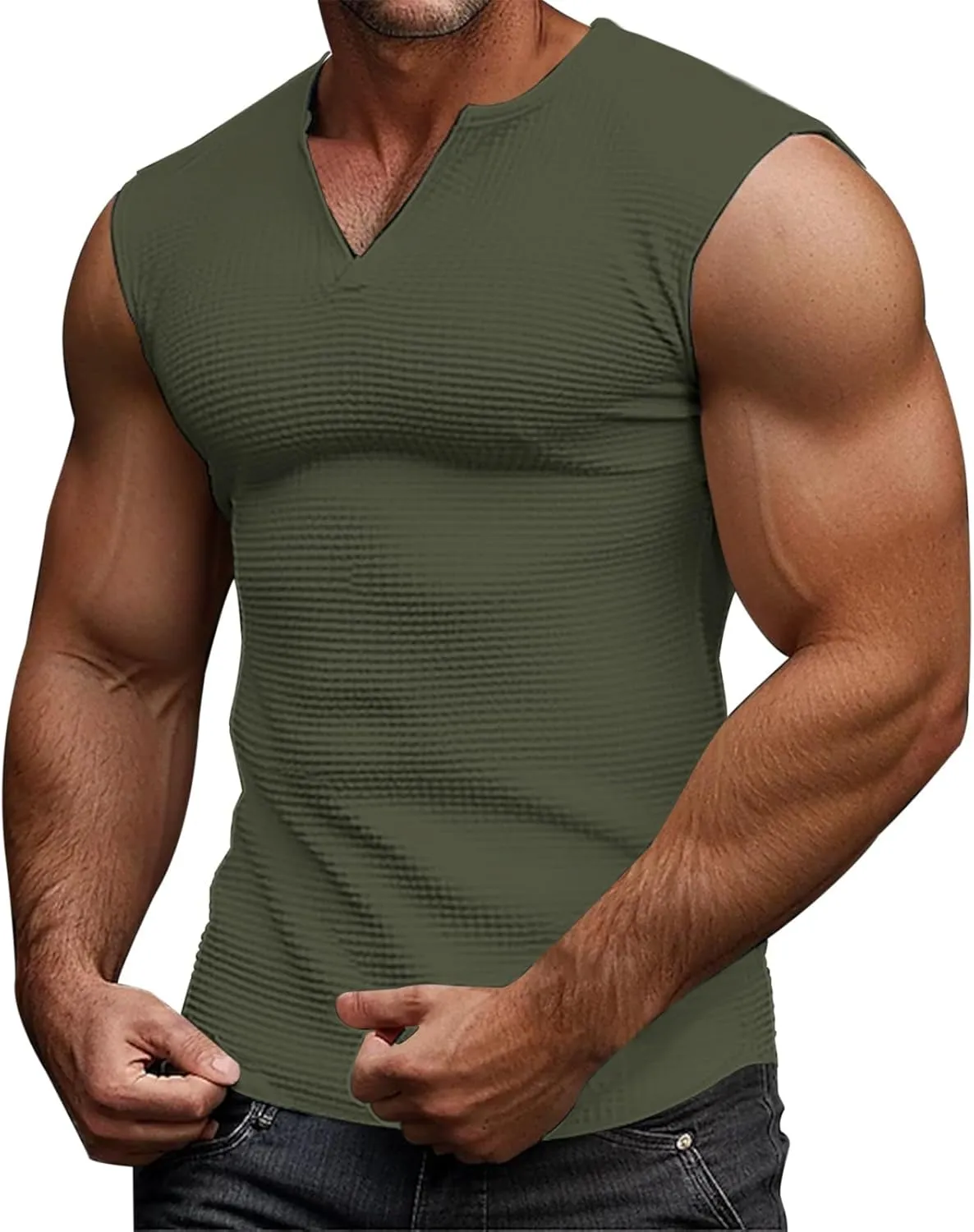 Muscle Tank Tops for Men Slim Fit Casual Sleeveless Gym Vest Waffle Knit Bodybuilding V-Neck Running Summer Tshirts