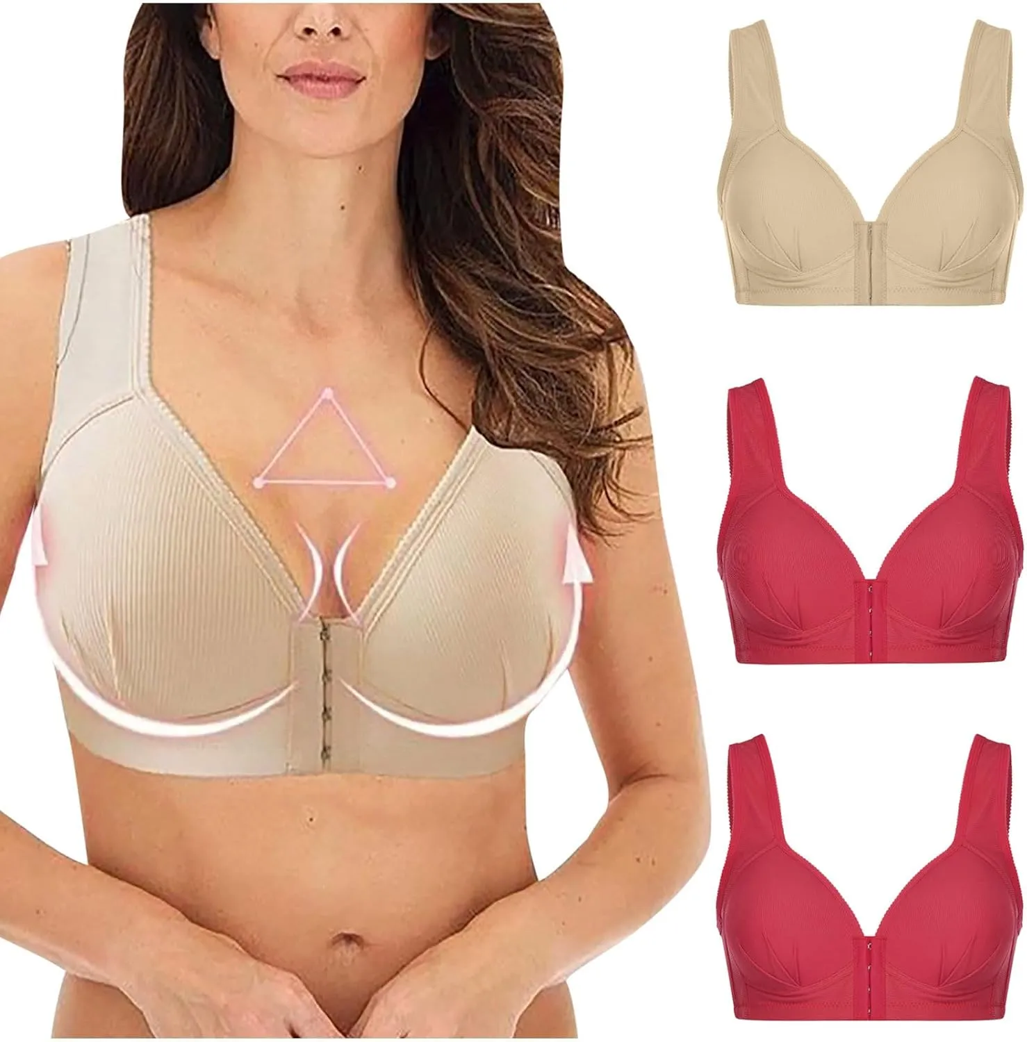 Oplxuo 3-Pack Push Up Bras for Women Wirefree Seamless Front Closure Push Up Bra Full-Coverage Invisible Comfort Bralettes