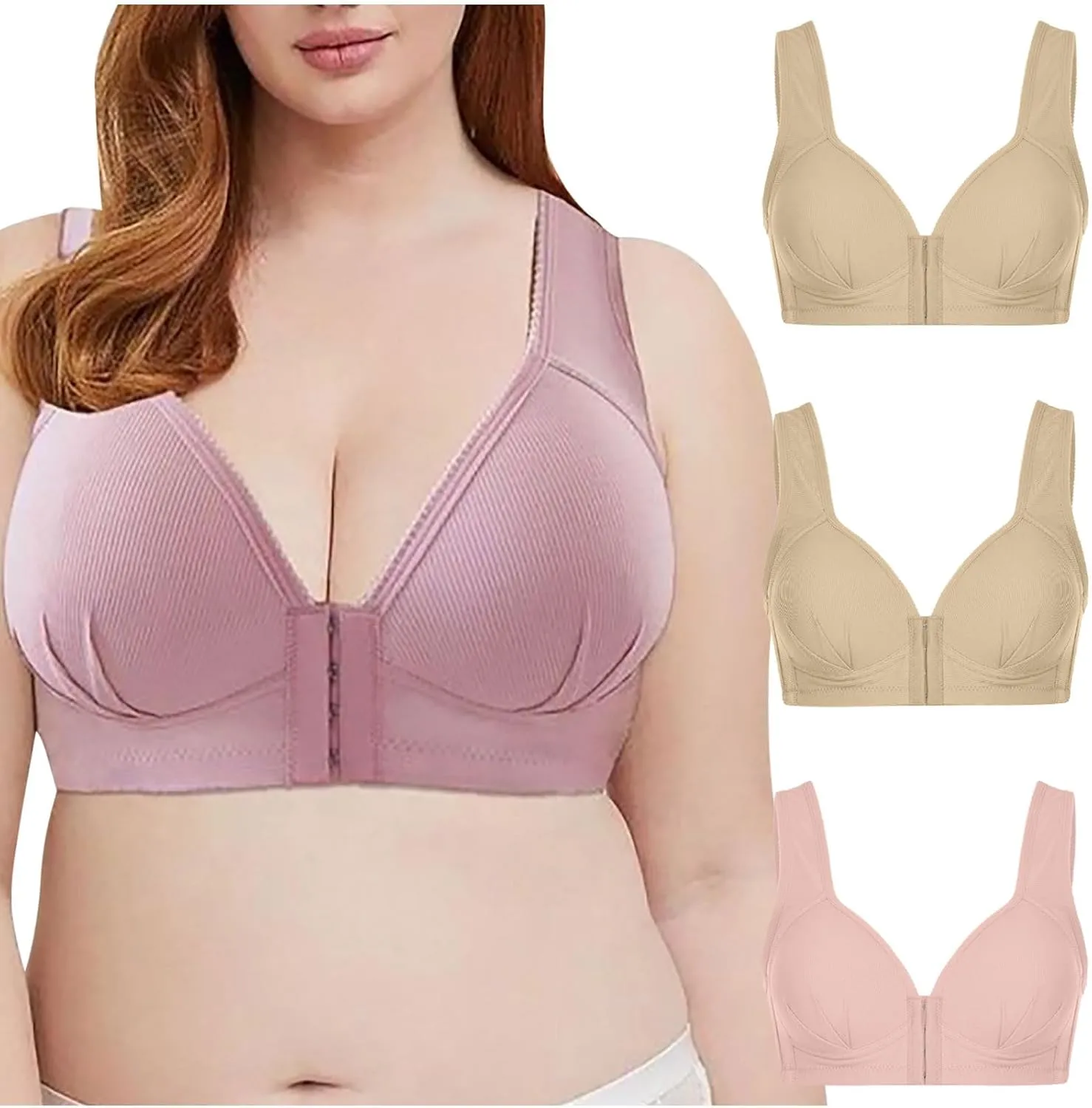 Oplxuo Push Up Bras for Women 3-Pack, Breastfeeding Front Close Wire-Free Seamless Bra Full-Coverage Soft Comfort Bralettes