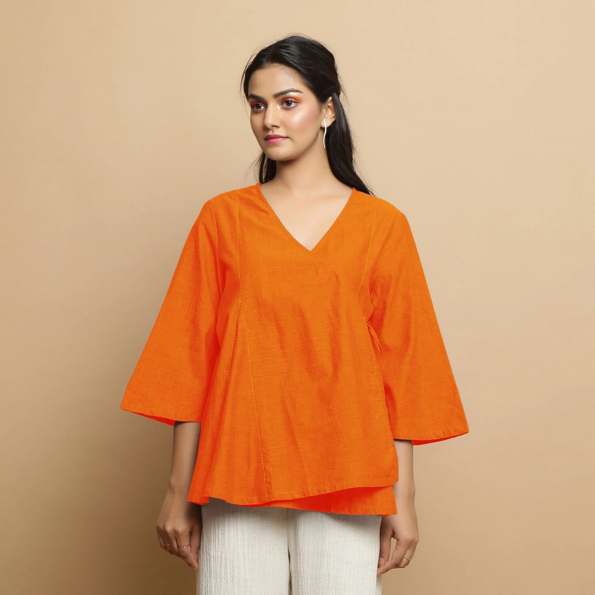 Orange Embroidered Cotton Poplin Asymmetrical Godet Top