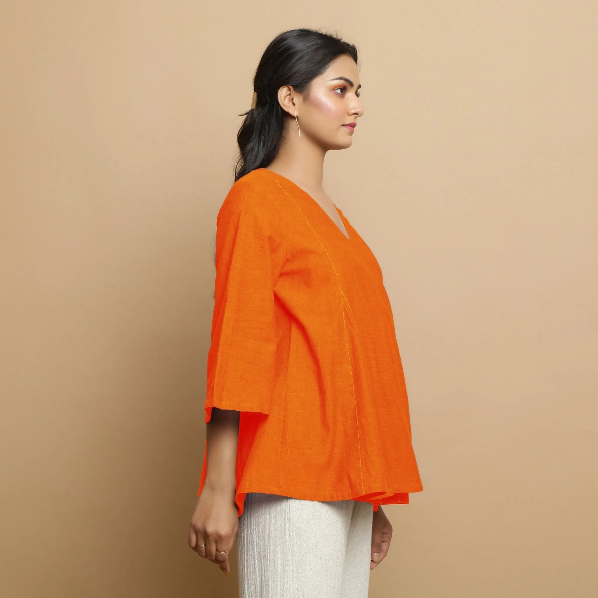 Orange Embroidered Cotton Poplin Asymmetrical Godet Top