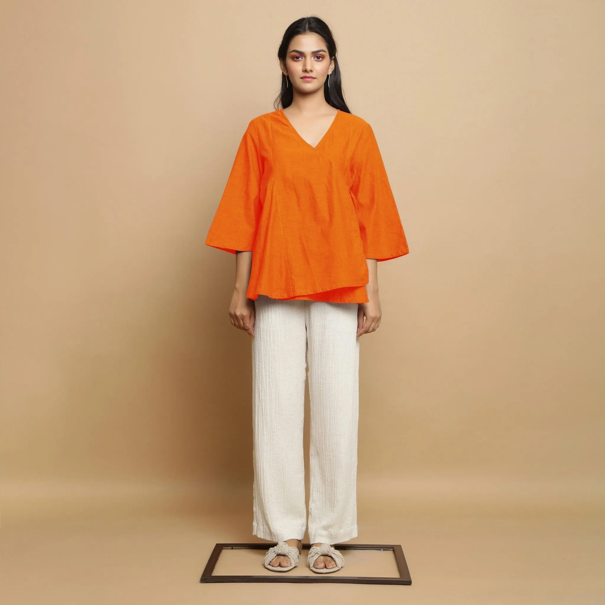 Orange Embroidered Cotton Poplin Asymmetrical Godet Top