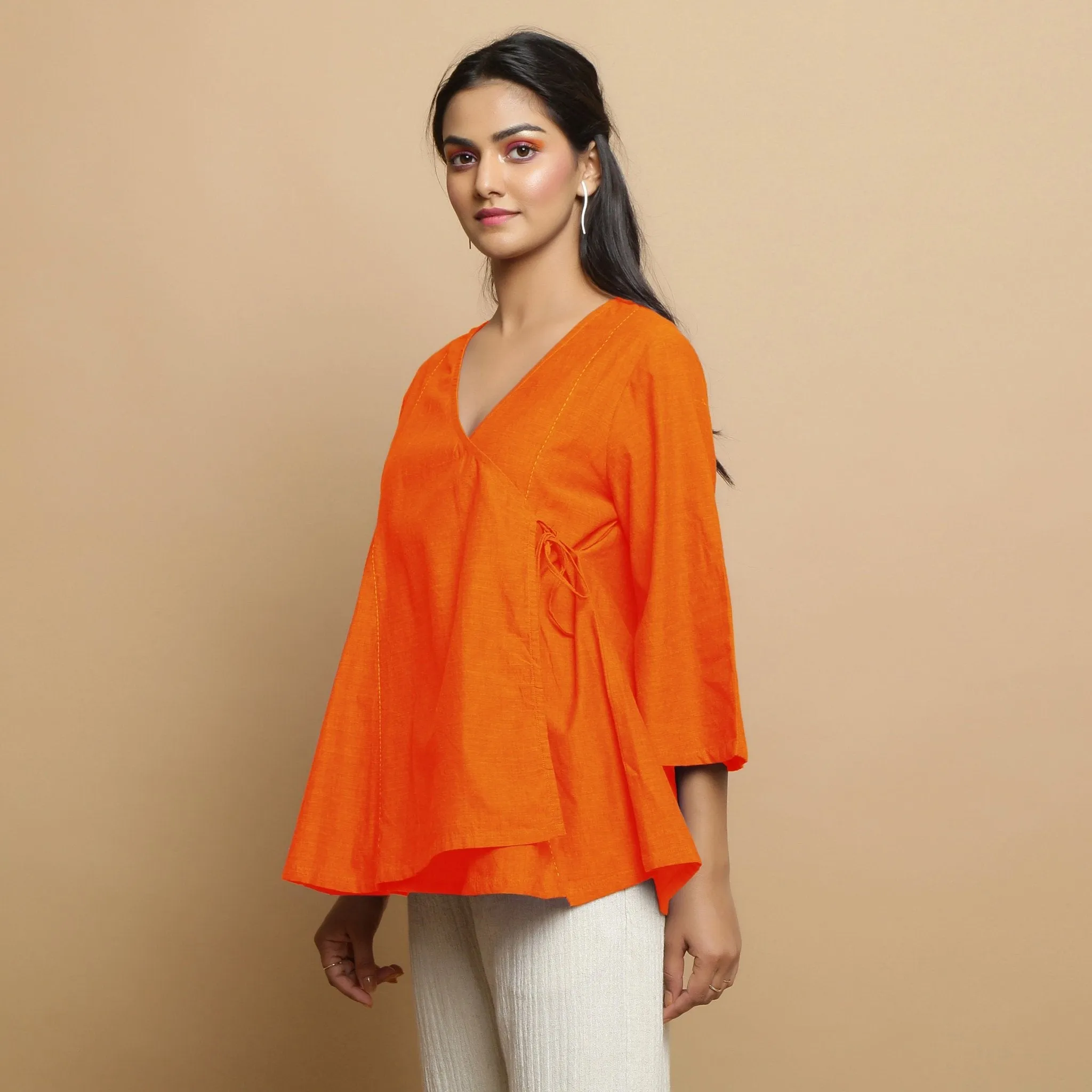 Orange Embroidered Cotton Poplin Asymmetrical Godet Top
