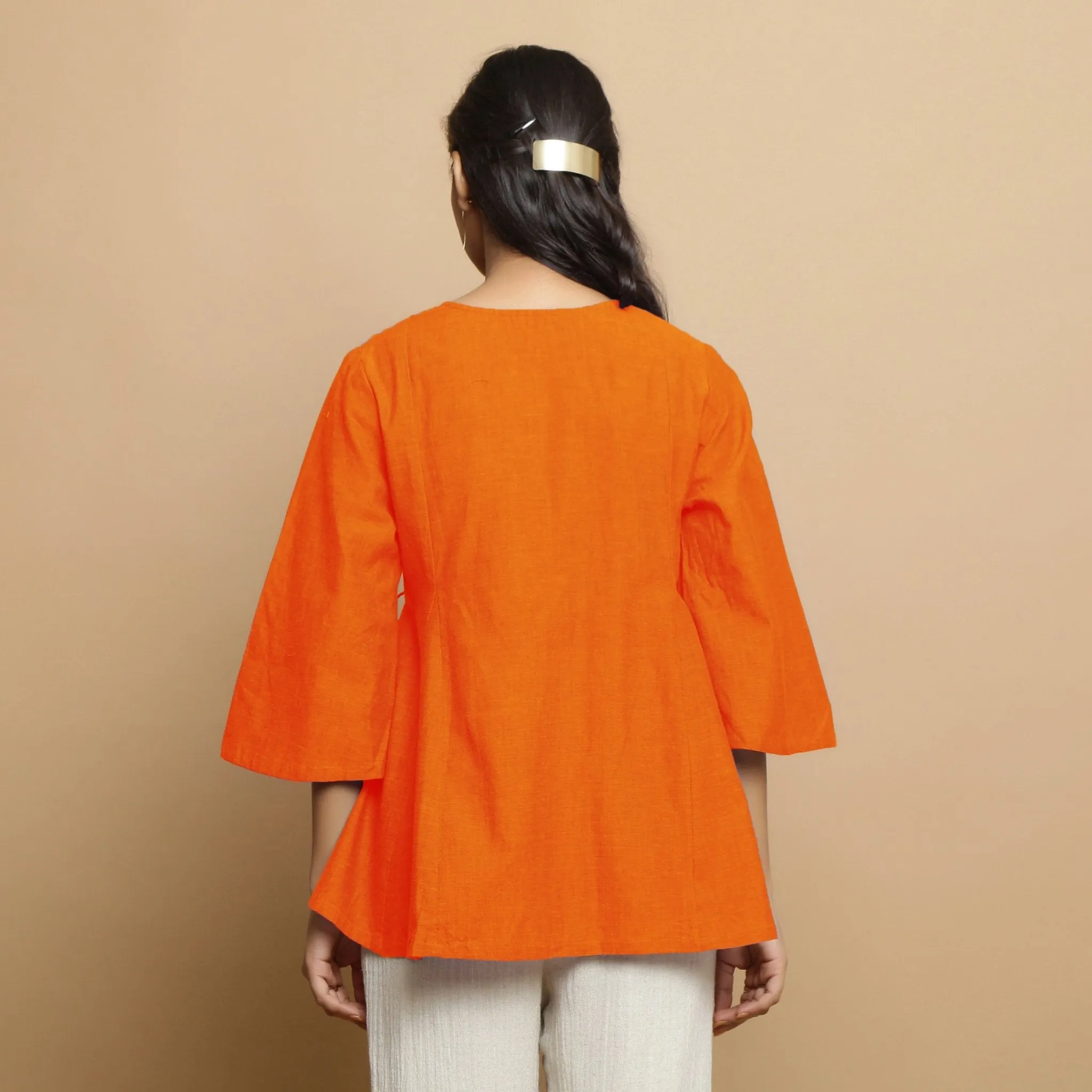 Orange Embroidered Cotton Poplin Asymmetrical Godet Top