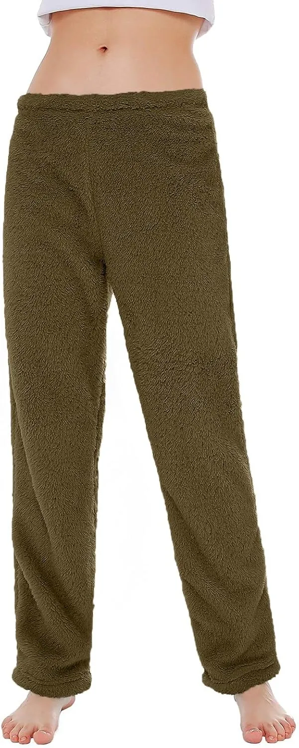 Pajama Pants Women Soft Fuzzy Fleece Low Rise Casual Lounge Track Pants Winter Warm Sleepwear Straight Leg Pj Pants