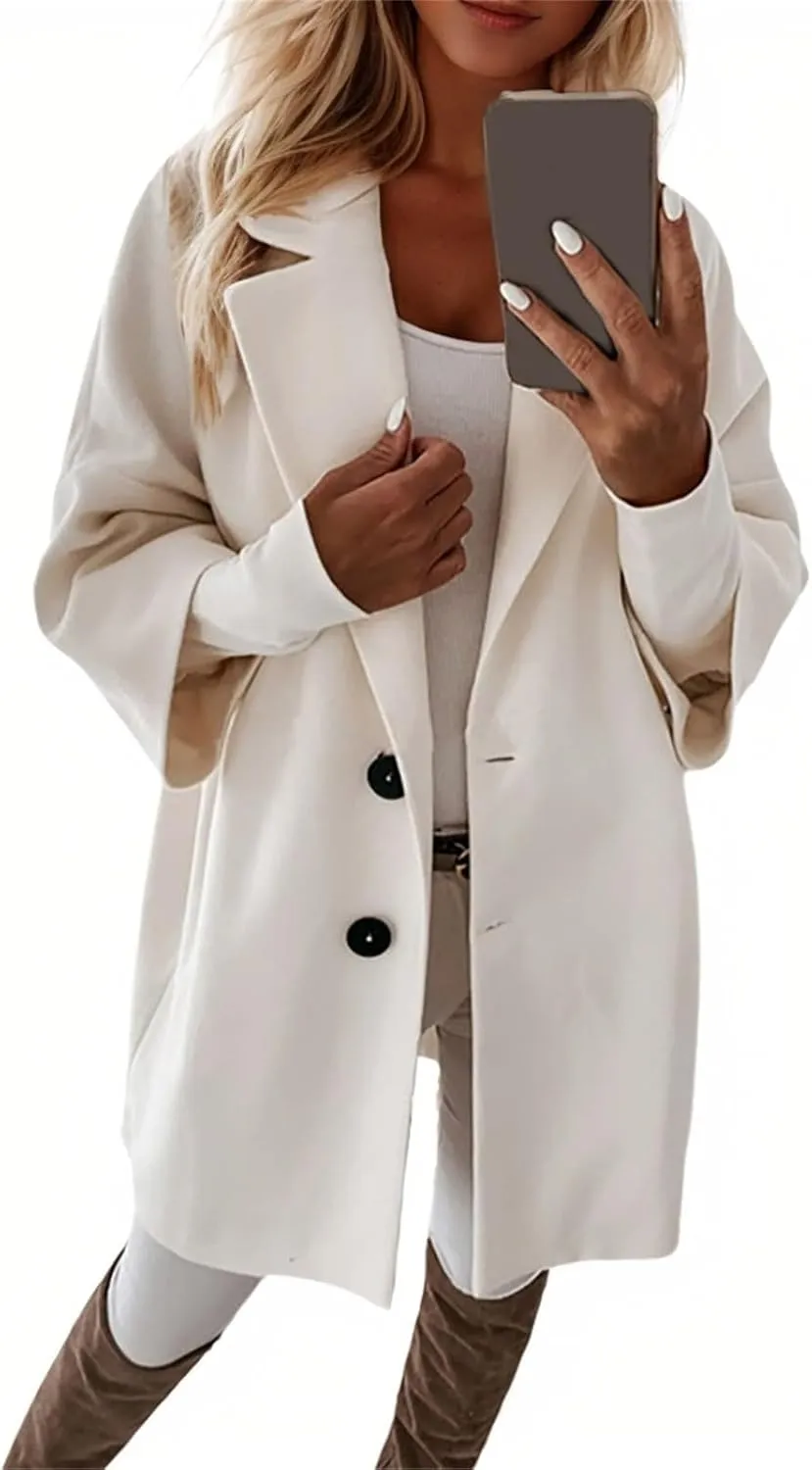 Pea Coats for Women Trendy Lapel Neck 3/4 Sleeve Button Coats Winter Double Breasted Wool Coats with Pockets