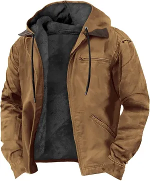 PECDIM Mens Distressed Retro Hooded Coats Heavyweight Sherpa Lined Fleece Hoodie Sweatshirt Zip Up Warm Washed Trucker Jacket