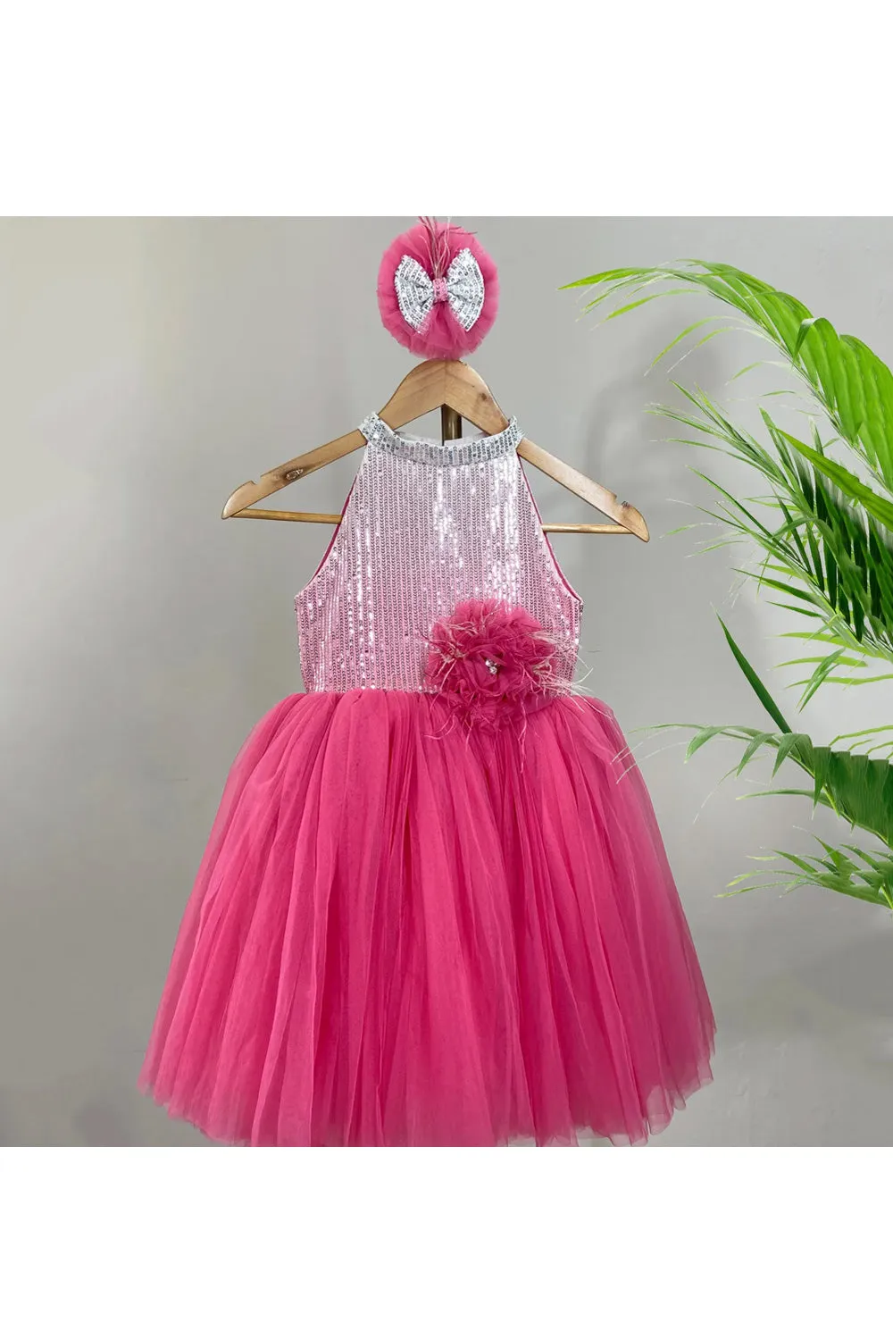 Pink 3d Flower And Sequins Embellished Halter Neck Dress