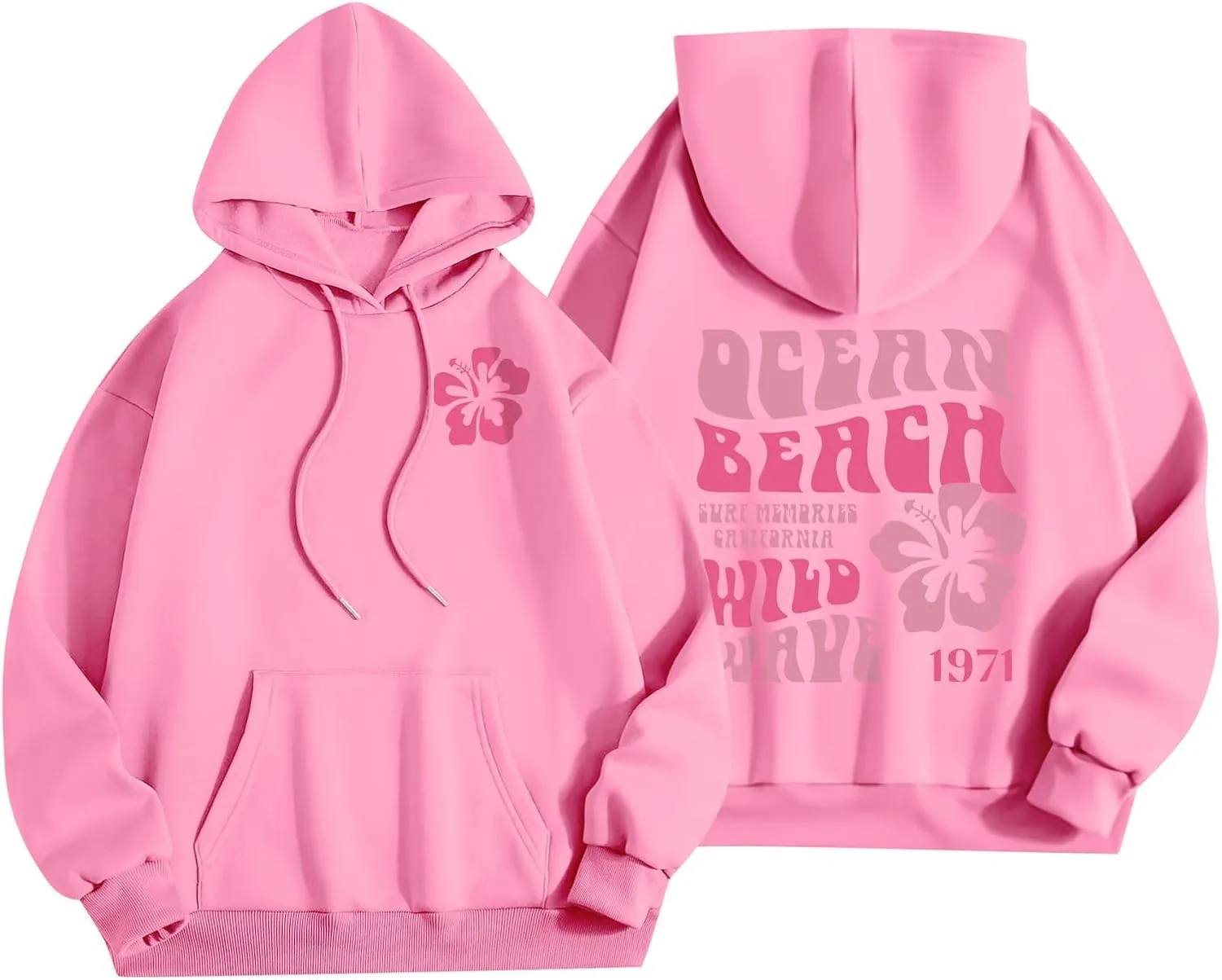 Pink Palm Puff Preppy Sweatshirt Women Long Sleeve Cute Oversized Hoodie Pullover With Pockets