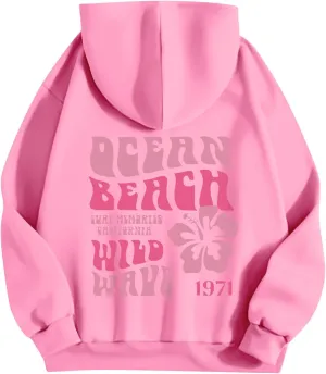 Pink Palm Puff Preppy Sweatshirt Women Long Sleeve Cute Oversized Hoodie Pullover With Pockets