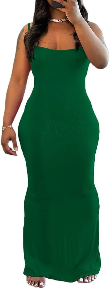 PINSV Women Summer Long Dress Casual Slip Sexy Sleeveless Bodycon Maxi Dresses for Women