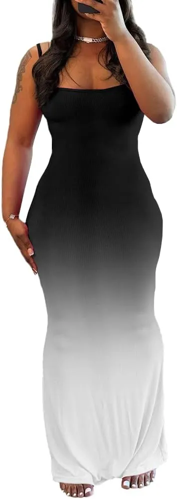 PINSV Women Summer Long Dress Casual Slip Sexy Sleeveless Bodycon Maxi Dresses for Women