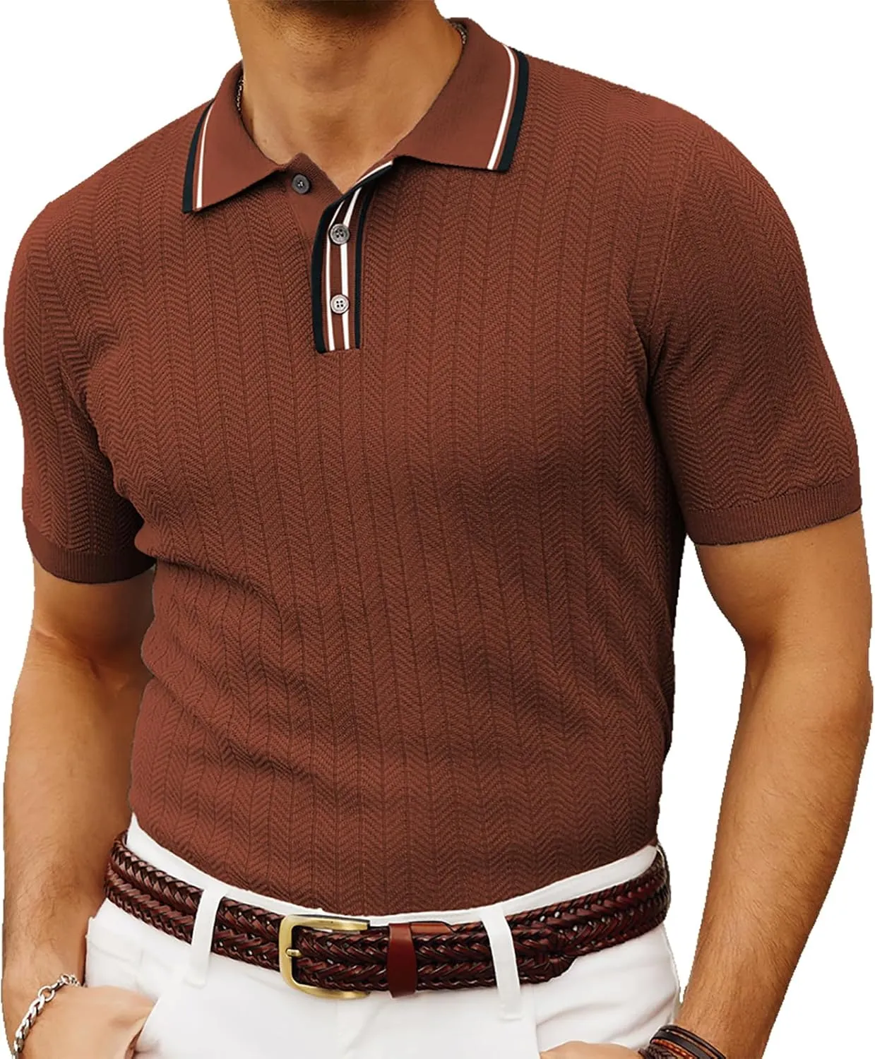 PJ PAUL JONES Mens Knitted Polo Shirts Short Sleeve Textured Pullover Golf Polo T Shirts