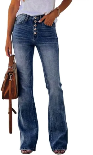 PLNOTME Womens High Waisted Jeans Boyfriend Flare Casual Stretch Bootcut Denim Pants Dark Blue