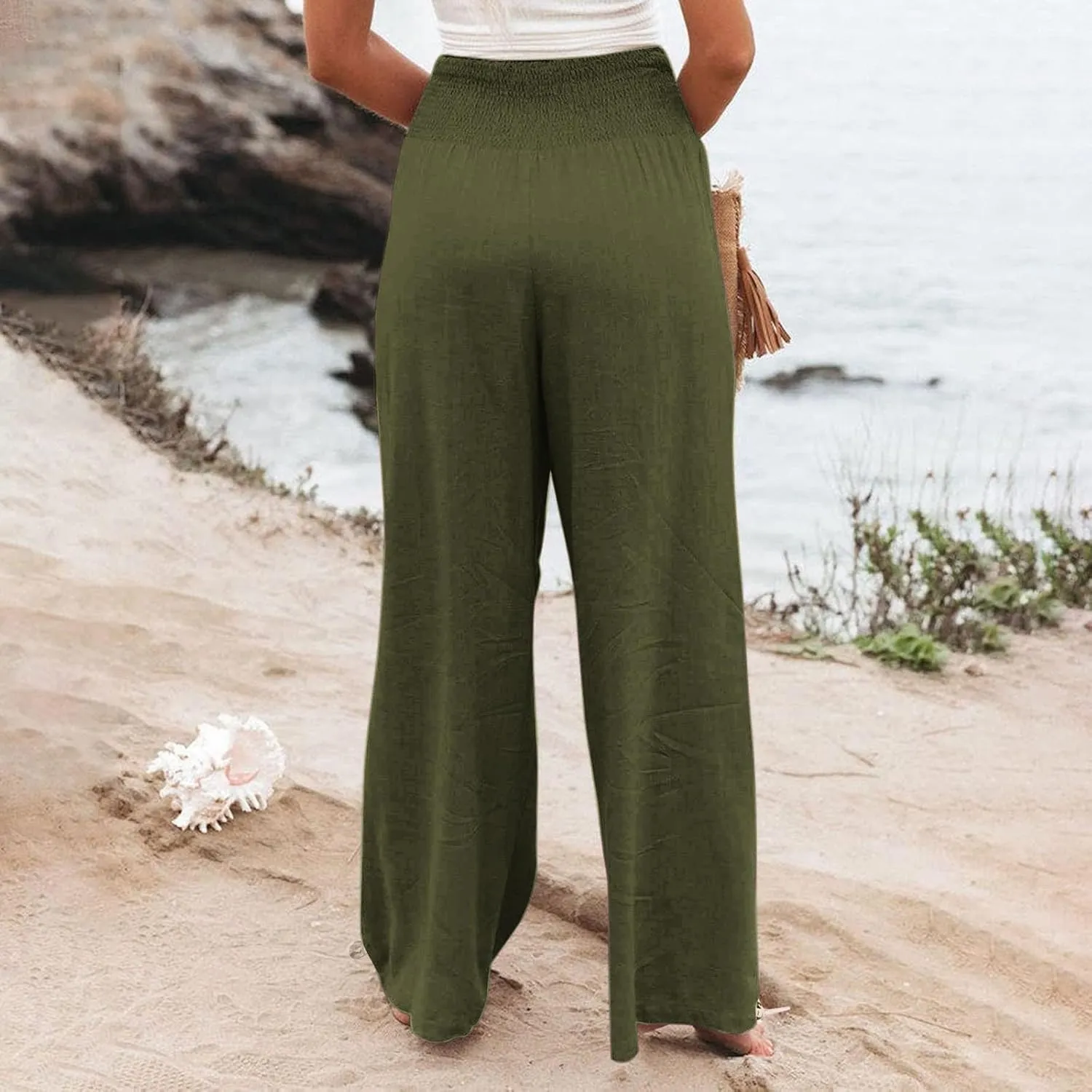 Plus Size Linen Pants For Women Loose Fit Wide Leg Lounge Pants Boho Smocked Waisted Palazzo Trousers with Pockets