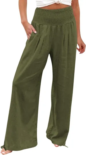 Plus Size Linen Pants For Women Loose Fit Wide Leg Lounge Pants Boho Smocked Waisted Palazzo Trousers with Pockets
