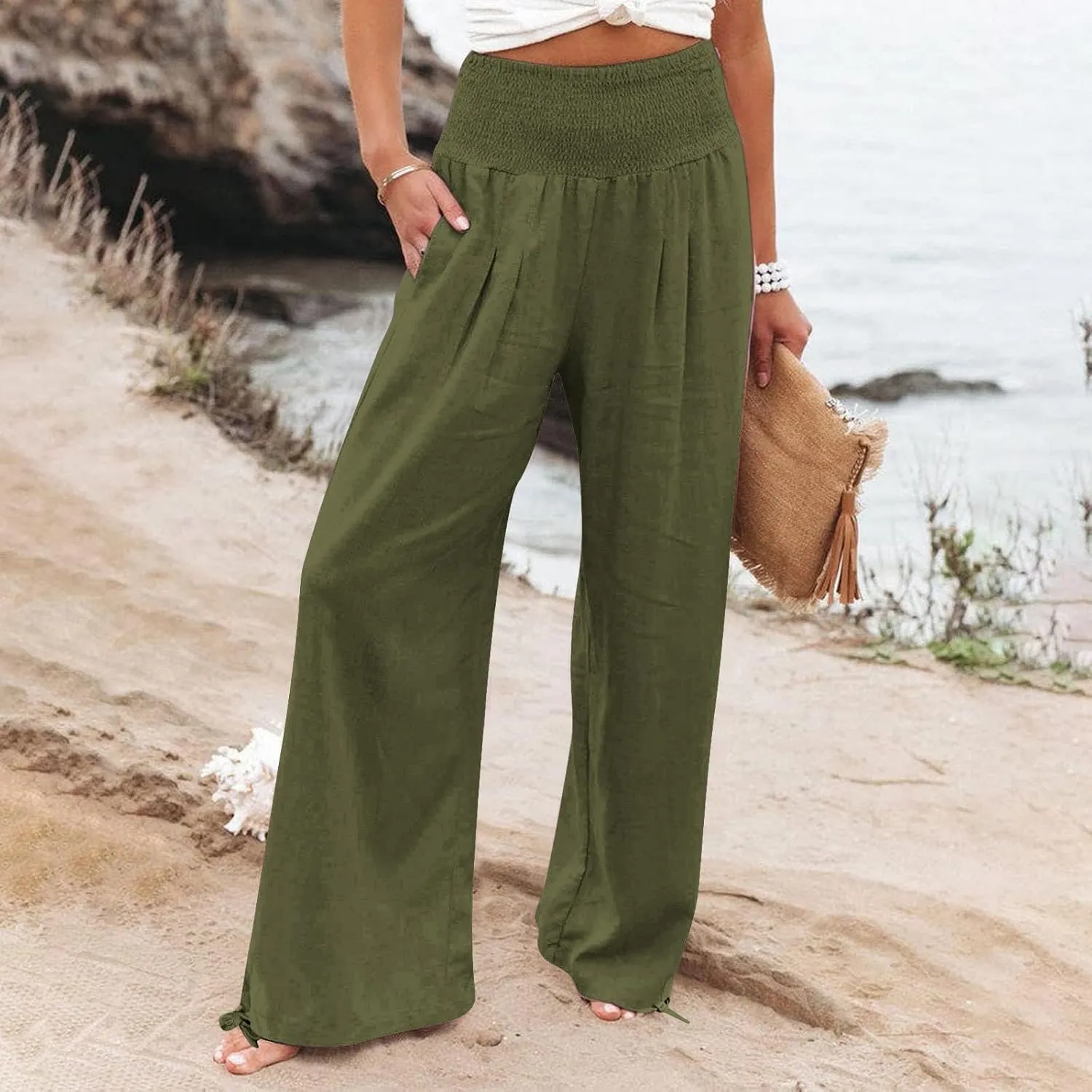 Plus Size Linen Pants For Women Loose Fit Wide Leg Lounge Pants Boho Smocked Waisted Palazzo Trousers with Pockets
