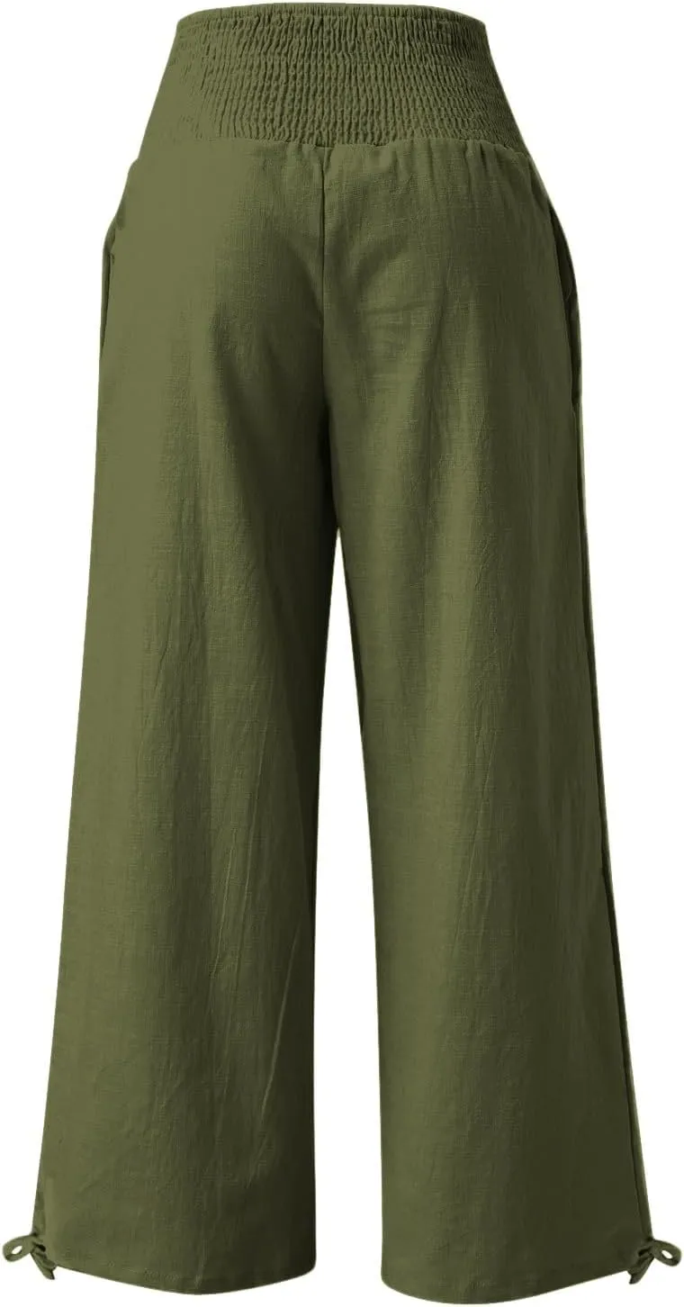 Plus Size Linen Pants For Women Loose Fit Wide Leg Lounge Pants Boho Smocked Waisted Palazzo Trousers with Pockets