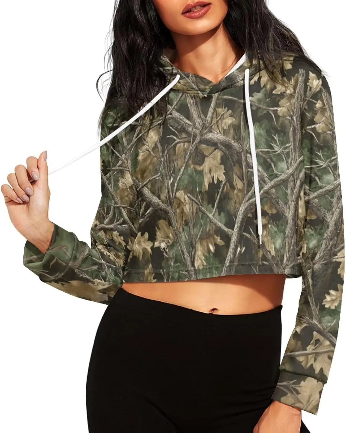 Plus Size Women Long Sleeve Cropped Hoodies Crop Top Sweatshirt Drawstring Workout Hoodie