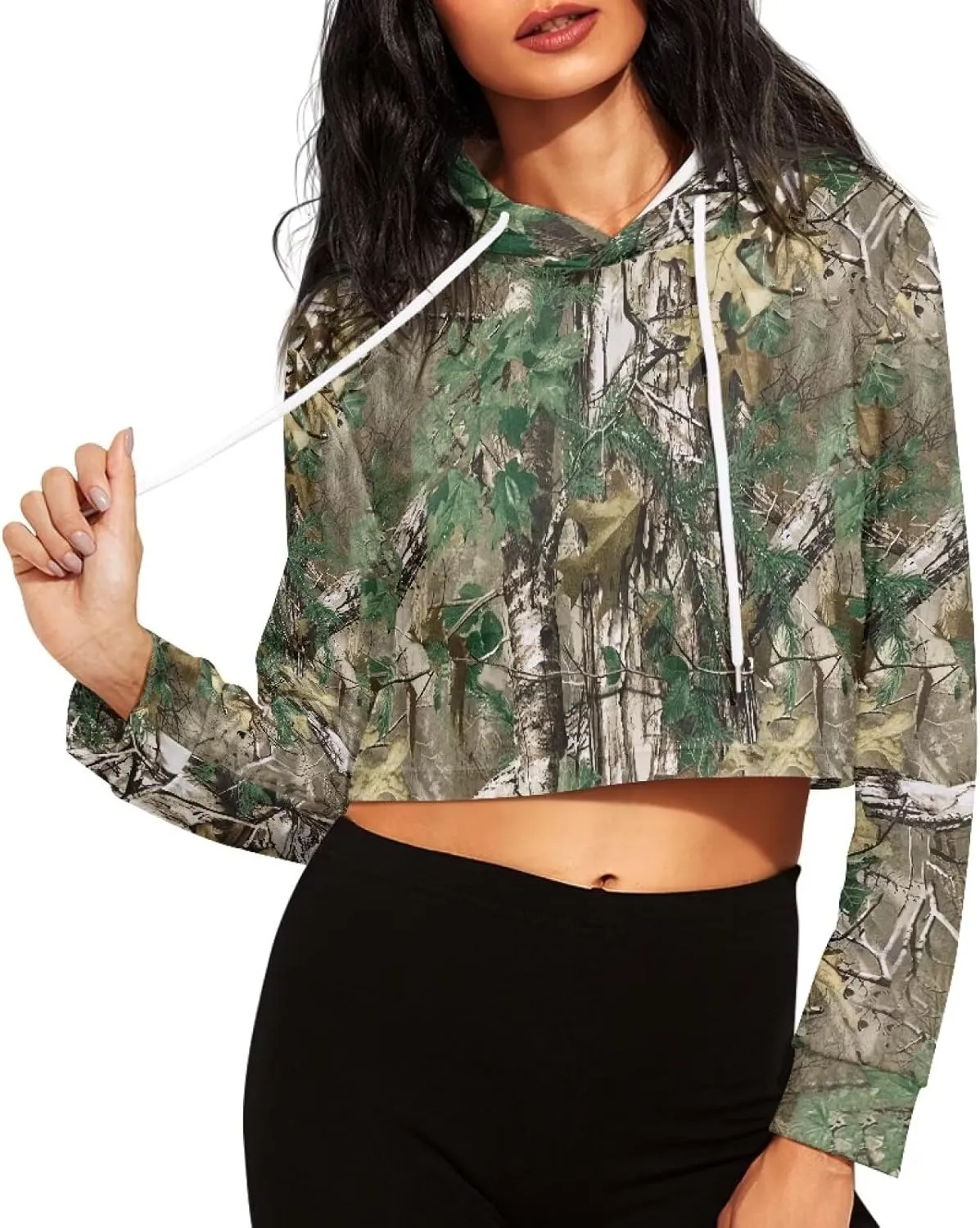 Plus Size Women Long Sleeve Cropped Hoodies Crop Top Sweatshirt Drawstring Workout Hoodie