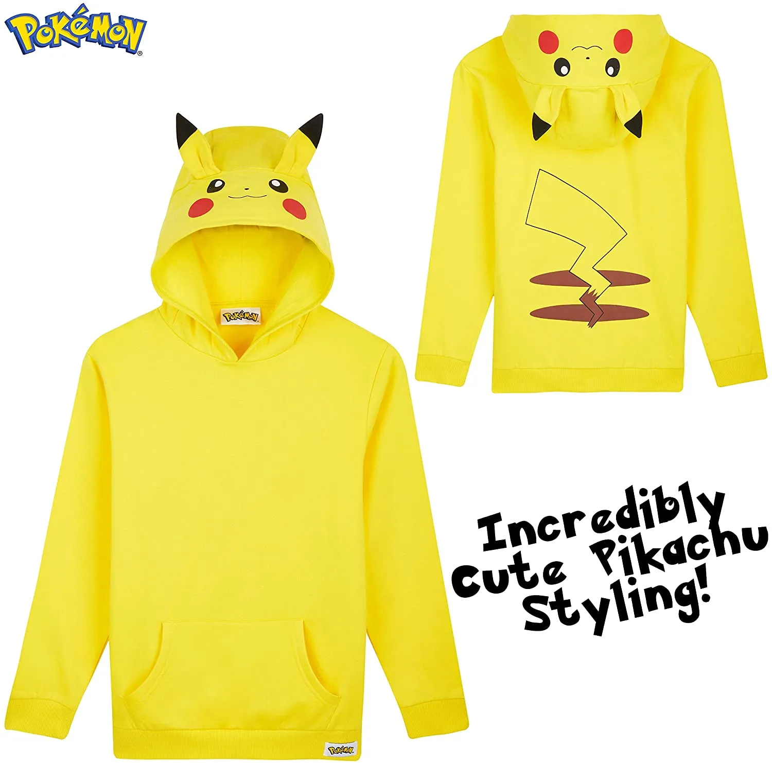 Pokémon Yellow Hoodie Kids, Pikachu Sweatshirt Cotton with 3D Ears Boys Teens