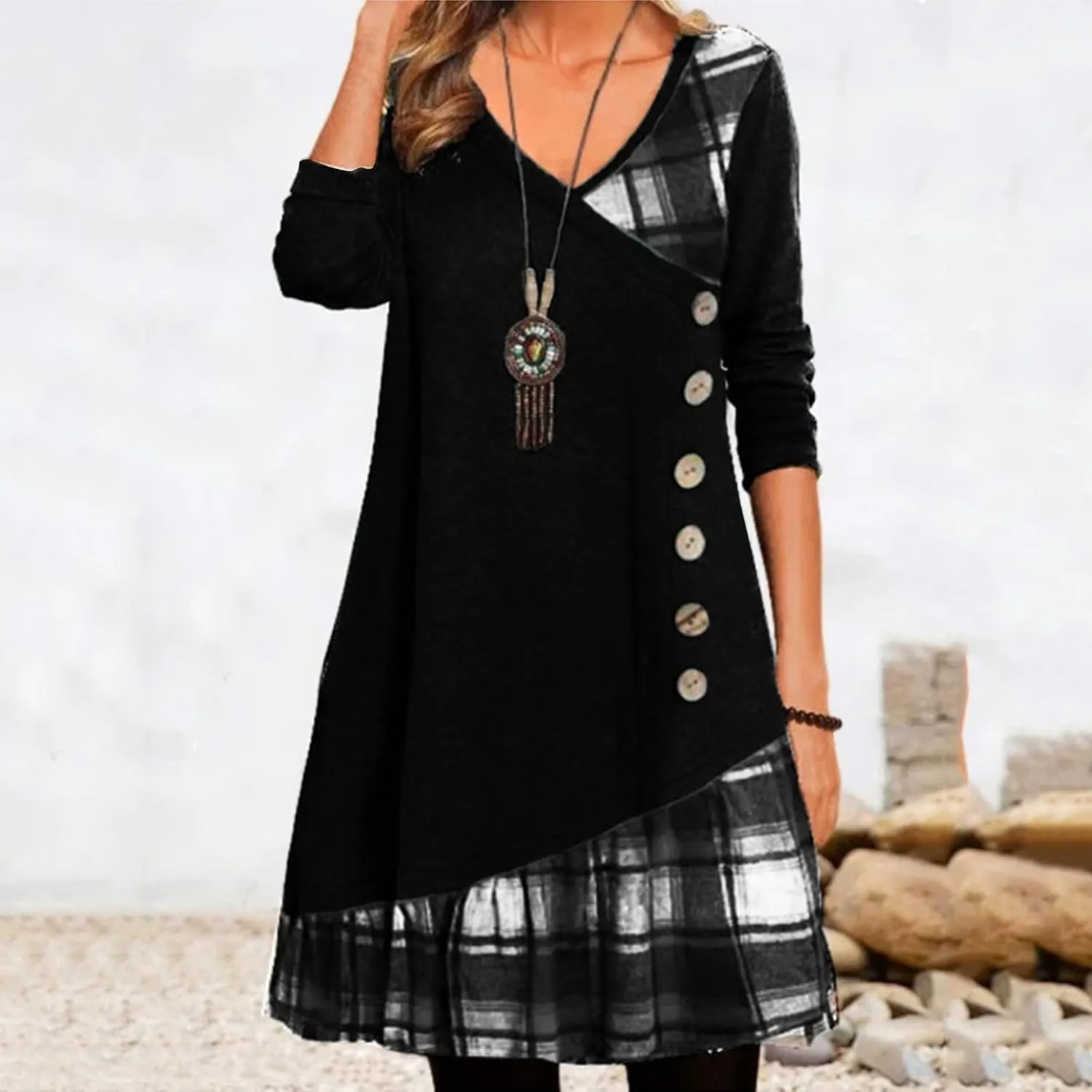 Preppy Shift Dresses for Women 2025 Casual Long Sleeve V Neck Graduation Dress Vacation Girls Night Out Outfits for Women