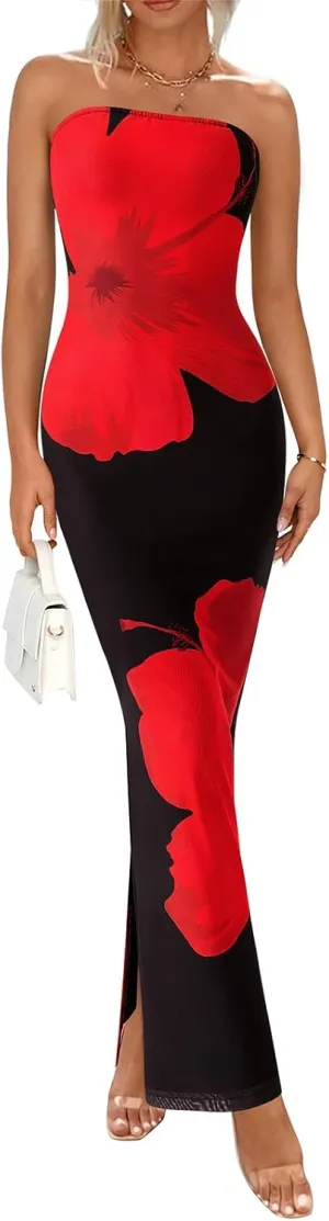 PRETTYGARDEN Strapless Bodycon Floral Maxi Summer Dresses for Women 2025 Elegant Classy Tube Top Cocktail Wedding Guest Dress