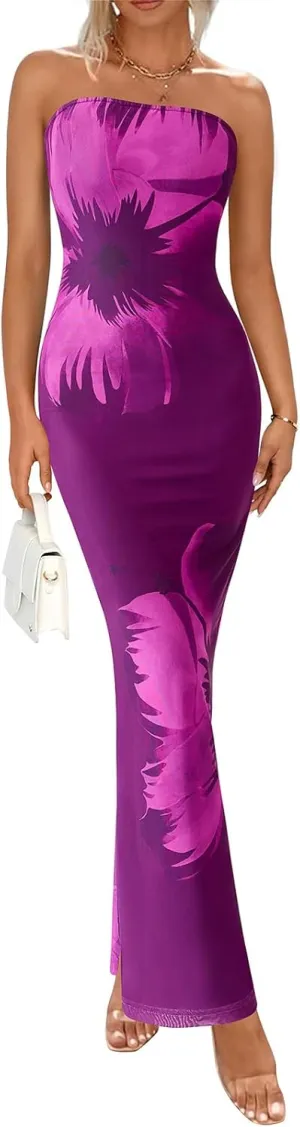 PRETTYGARDEN Strapless Bodycon Summer Dresses for Women 2025 Floral Mesh Tube Top Long Party Cocktail Dress Slit Side
