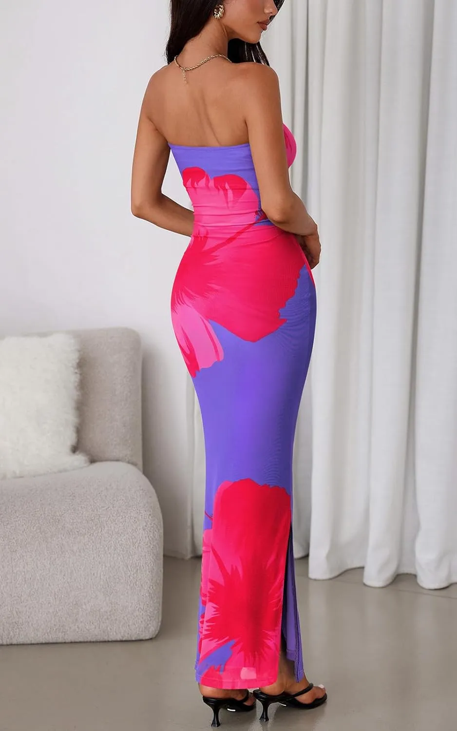 PRETTYGARDEN Strapless Bodycon Summer Dresses for Women 2025 Floral Mesh Tube Top Long Party Cocktail Dress Slit Side