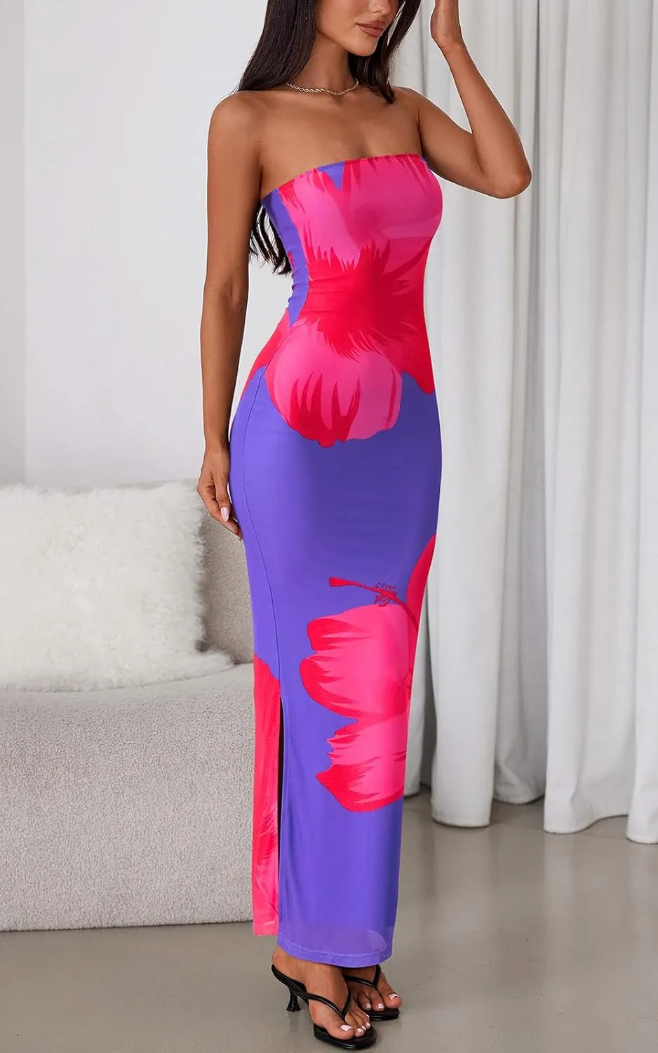 PRETTYGARDEN Strapless Bodycon Summer Dresses for Women 2025 Floral Mesh Tube Top Long Party Cocktail Dress Slit Side