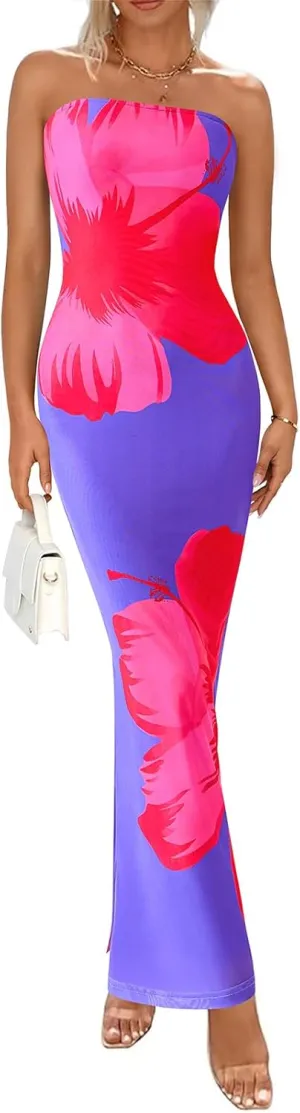 PRETTYGARDEN Strapless Bodycon Summer Dresses for Women 2025 Floral Mesh Tube Top Long Party Cocktail Dress Slit Side