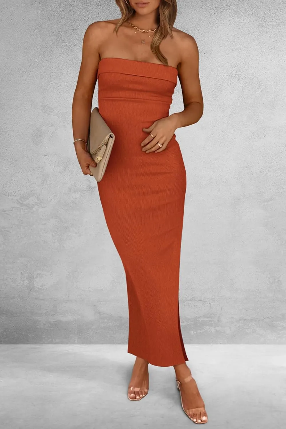 PRETTYGARDEN Women's Summer Bodycon Maxi Tube Dress Ribbed Strapless Side Slit Long Going Out Casual Elegant Party Dresses